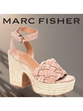 MARC FISHER Odilia Leather Upper Jute-Wrapped Platform Espadrille Wedge Sandals